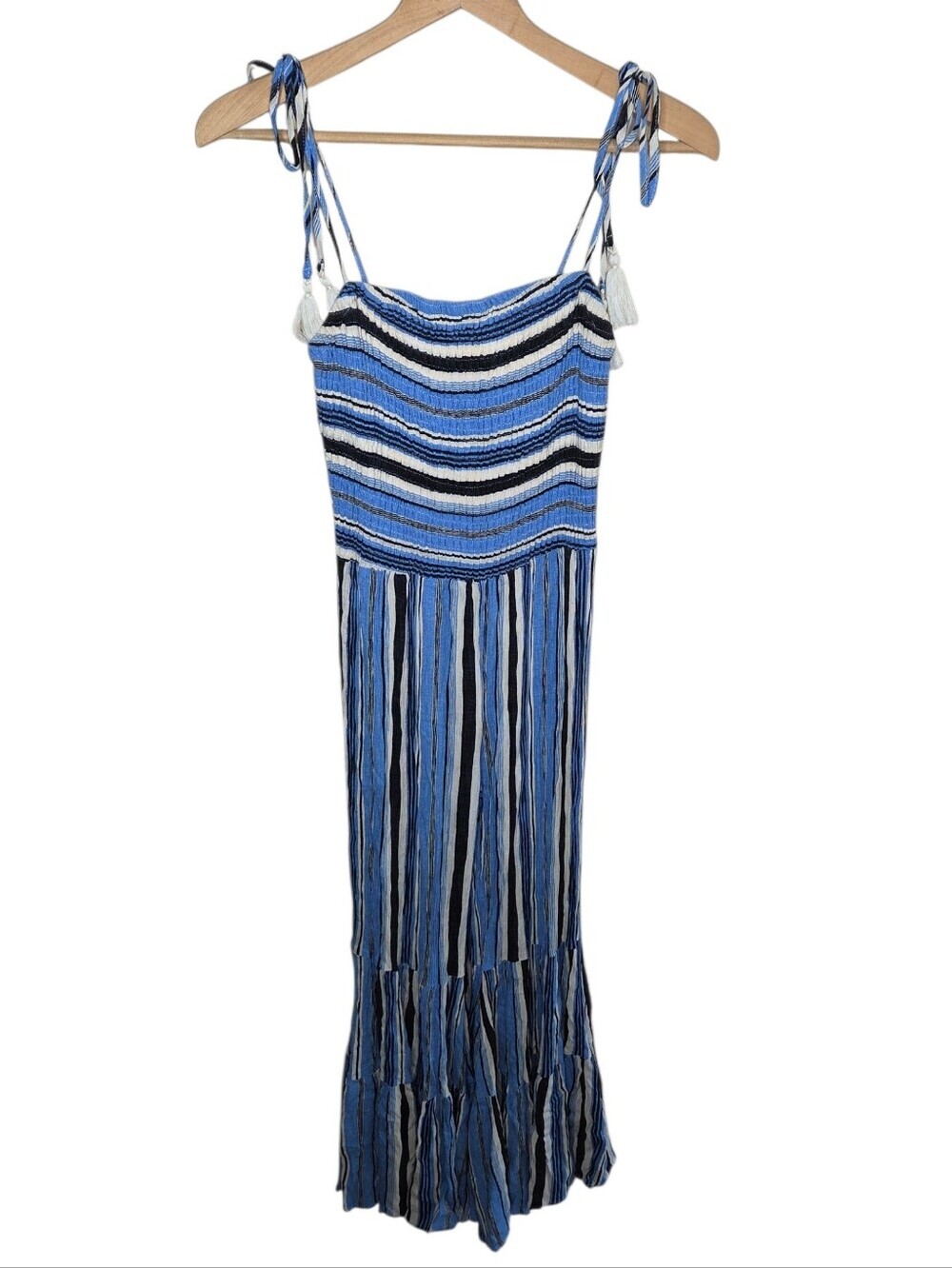 Main Strip Blue Striped Wide Leg Cropped Romper Tie Spaghetti Straps Size Large